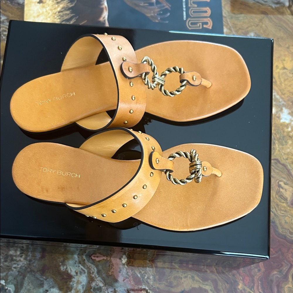 Tory Burch Brown Leather Sandals with Gold Accents - Picture 2 of 6